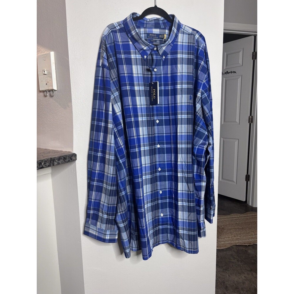 NWT Polo Ralph Lauren Blue Check Plaid Shirt, Men's 5XB,  Oxford Cotton Stretch